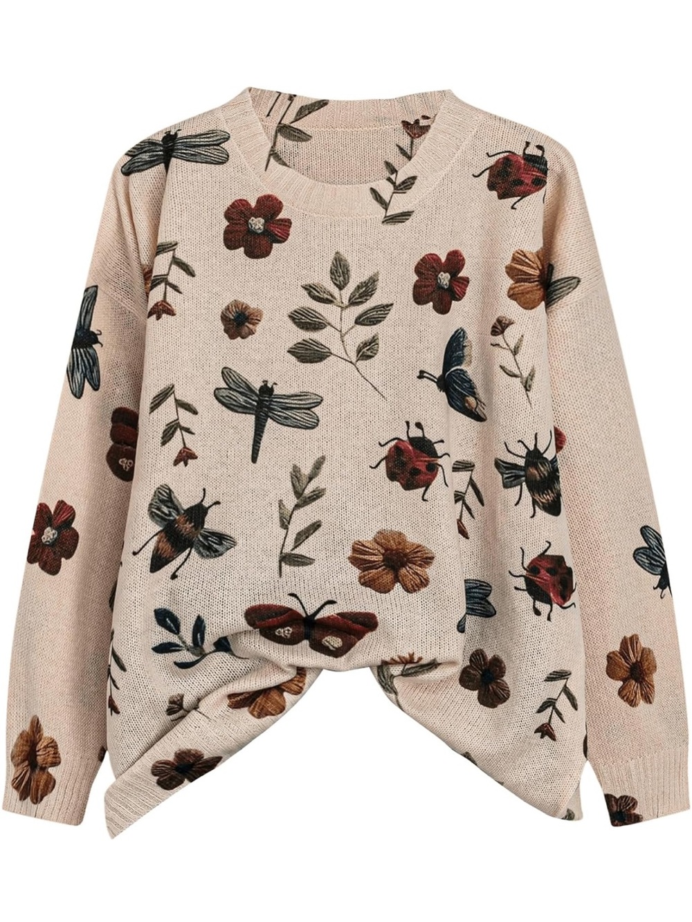 Chic Nation Beige Floral & Bug Print Crewneck Sweater